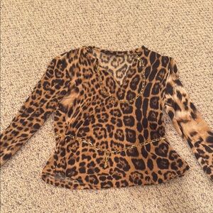 Roberto Cavalli Leopard Print Long Sleeve Wool Top with Chain and Belt size XL